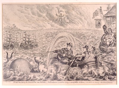 1807年，英国塔斯号将丹麦舰队拖入港口 作者 James Gillray