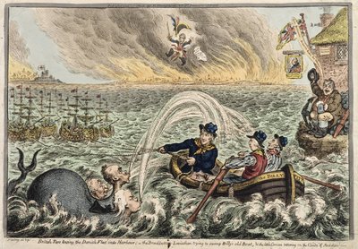 英国Tars拖着丹麦舰队进入海港，或者Broadbottom Leviathan试图淹没Billy的旧船，而小科西嘉人则在1807年的野心云上摇摇欲坠（手工蚀刻 作者 James Gillray