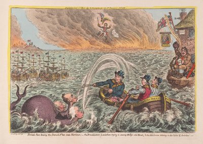 英国Tars将丹麦舰队拖入港口：Borad底部Leviathan试图淹没比利斯的旧船，以及小小的科西嘉人在野心云上摇摇欲坠的酒吧。 1807（手工彩色雕刻 作者 James Gillray