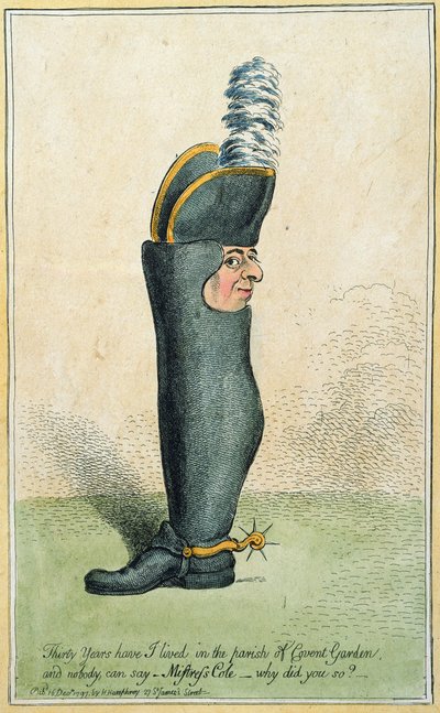 卡通描绘了Justly Watson上校与靴子的身体，由Hannah Humphrey于1797年出版（手工蚀刻） 作者 James Gillray
