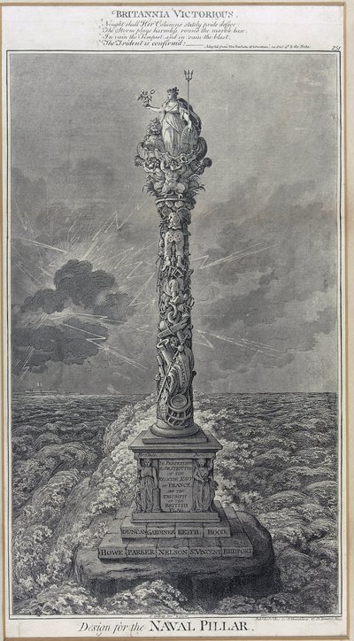 詹姆斯-吉尔雷（James Gillray，1757-1815 年）1800 年的蚀刻版画《胜利的不列颠尼亚》海军纪念柱设计图。 作者 詹姆斯·吉里