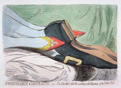 时尚对比，或公爵夫人的小鞋子屈服于公爵脚的大小，由Hannah Humphrey在1792年出版（蚀刻与wc） 作者 詹姆斯·吉里