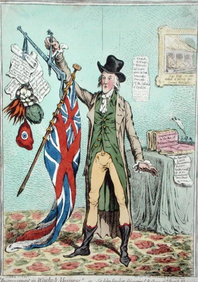 砝码和天平的改进，或约翰-塞克尔爵士发现英国国旗的天平，由汉娜-汉弗莱于1798年出版（手绘蚀刻版）。 作者 詹姆斯·吉里