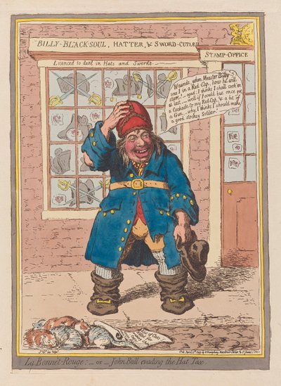 La Bonnet Rouge 或约翰牛逃避帽子税，酒吧。 1797（手工彩刻） 作者 詹姆斯·吉里