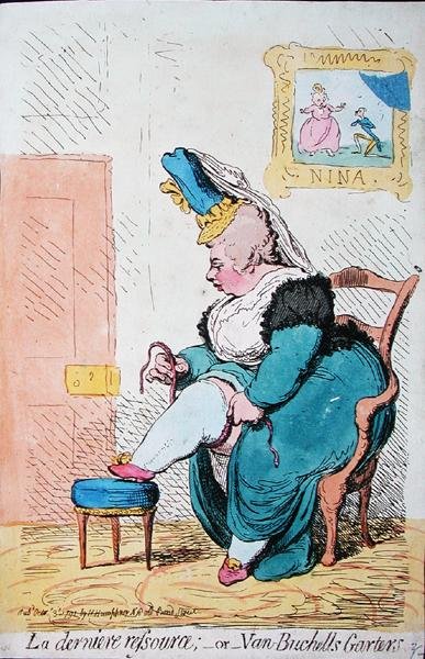 La Derniere Resource, or Van Buchells Garters, 汉娜-汉弗莱于1791年出版（手绘蚀刻画）。 作者 詹姆斯·吉里