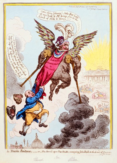 Le Diable-Boiteux，或两条棍子上的魔鬼将约翰·布尔传递到承诺之地，由Hannah Humphrey于1806年出版（手工蚀刻） 作者 James Gillray
