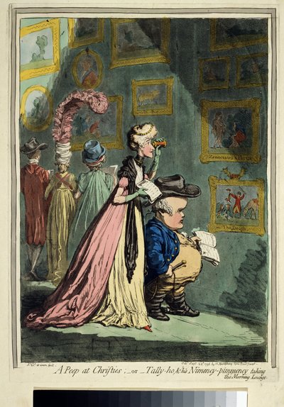 "窥视佳士得 "漫画描绘了英国女演员伊丽莎白-法伦（1759-1829 年）与她未来的丈夫爱德华-史密斯-斯坦利在最近开业的著名佳士得拍卖行中的情景。 作者 詹姆斯·吉里