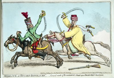Mamlouk et Hussard Republicain，或者是Bonnaarte攻击Ibrahim Bey的后卫的一般结果，由Hannah Humphrey于1799年出版（手工蚀刻） 作者 詹姆斯·吉里