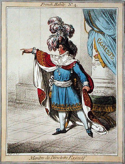 Membre du Directoire Executif，汉娜-汉弗莱1798年出版的《法国人的习惯》的第4版（彩色蚀刻版）。 作者 詹姆斯·吉里