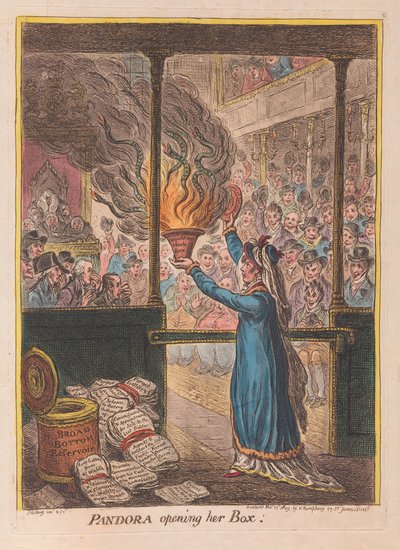 潘多拉打开她的盒子，酒吧。 1809（手工彩色雕刻） 作者 James Gillray