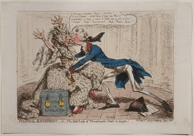 1797年汉娜·汉弗里（Hannah Humphrey）出版的“政治风险”（The Ravishment），或者“Threadneedle Street的老太太”（手绘彩色蚀刻） 作者 James Gillray