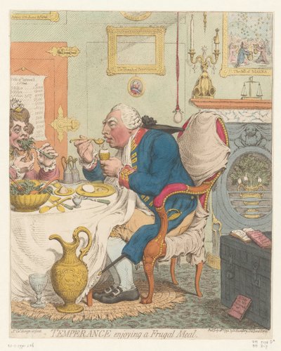 Spotprent op 乔治三世，1792 年
节制享受丰盛的晚餐（标题在实物上） 作者 詹姆斯·吉里