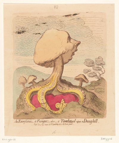 小威廉·皮特的漫画，1791 年 赘生物； - 真菌； -别名- 粪山上的毒菌 作者 詹姆斯·吉里