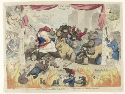1787 年，关于市政官威廉五世复辟后爱国者恐慌的漫画
阿姆斯特丹处于水深火热之中，或--共和国哑剧的最后一幕（标题见实物） 作者 詹姆斯·吉里