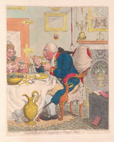 Temeprance享受节俭的餐，酒吧。 1792年（手工彩色雕刻） 作者 詹姆斯·吉里