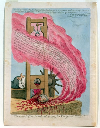 路易十六（1754-93 年）被断头台处死，"被害者的鲜血呼唤着复仇"，汉娜-汉弗莱出版 作者 詹姆斯·吉里