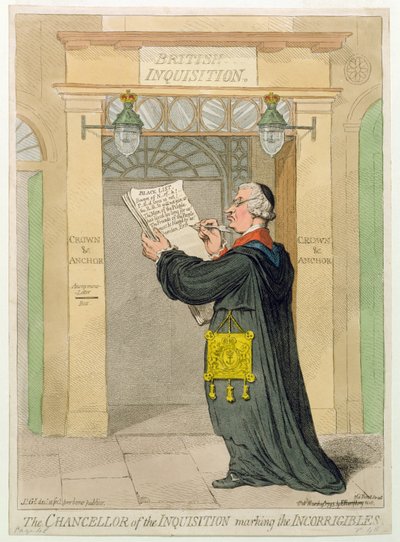1793年Hannah Humphrey出版的“宗教裁判所大臣”，标题为“不可侵犯的”（手工彩色蚀刻） 作者 James Gillray