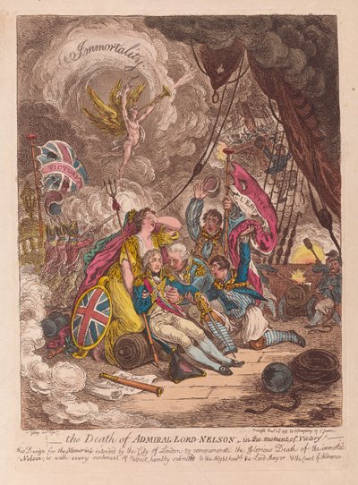 海军上将纳尔逊勋爵之死，在胜利时刻，酒吧。 1805（手工彩色雕刻） 作者 James Gillray