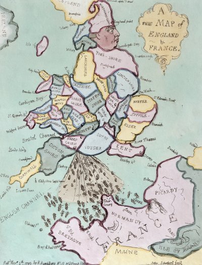 1793年Hannah Humphrey出版的法国入侵，或约翰·布尔轰击笨蛋船（手工彩色蚀刻） 作者 James Gillray