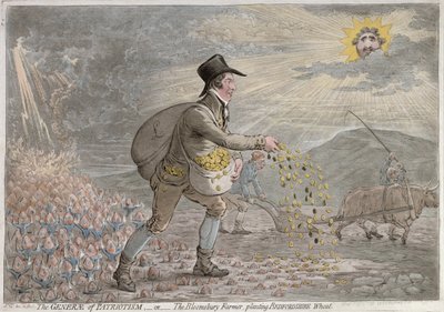 1796年Hannah Humphrey出版的“爱国主义之国”或“布鲁姆斯伯里农民”种植贝德福德郡小麦（手工着色蚀刻） 作者 James Gillray