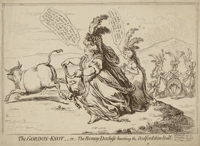 1797年4月29日出版的Gordon Knot或The Bonny-Duchess Hunting the Bedfordshire Bull（蚀刻在纸上） 作者 詹姆斯·吉里
