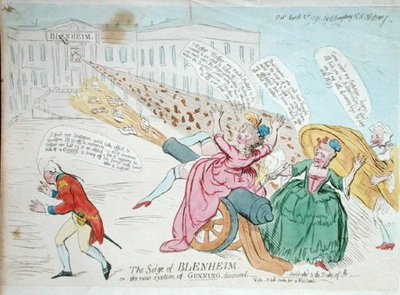 布伦海姆的围困，或发现的新的Gunning系统，由汉娜-汉弗莱于1791年出版（手绘蚀刻画）。 作者 詹姆斯·吉里