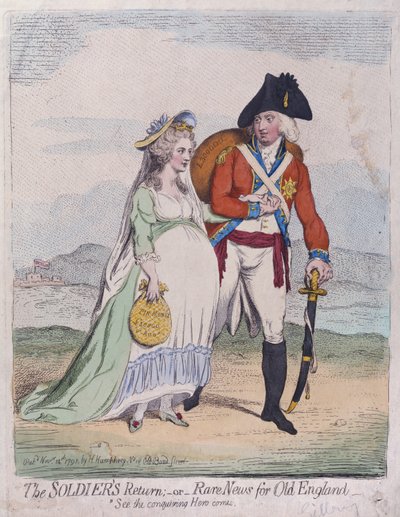 Hannah Humphrey于1791年出版的“士兵归来”或“旧英格兰稀有新闻”（手工彩色蚀刻） 作者 詹姆斯·吉里