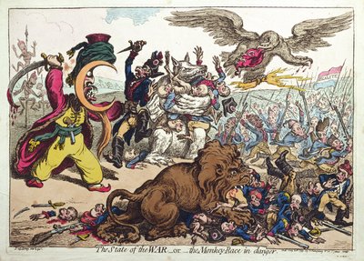 战争状态，或处于危险中的猴子种族，汉娜-汉弗莱于 1799 年出版（手绘蚀刻版画） 作者 詹姆斯·吉里