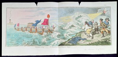 暴风雨来临，或处于危险中的共和国船队》，汉娜-汉弗莱于 1798 年出版（手绘蚀刻版画）。 作者 詹姆斯·吉里