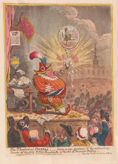 Theatrical Bubble：成为戏剧性Puffing艺术中伟大的Politico-Punchinello令人惊讶的力量的新标本。 1805（手工彩色雕刻） 作者 James Gillray
