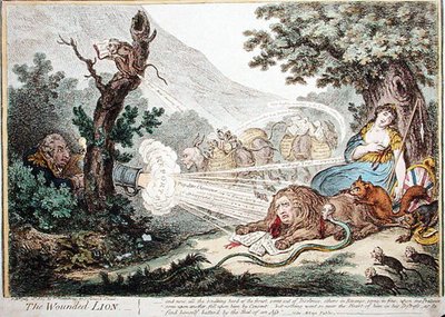 受伤的狮子》，由汉娜-汉弗莱于1805年出版（手绘蚀刻画）。 作者 詹姆斯·吉里