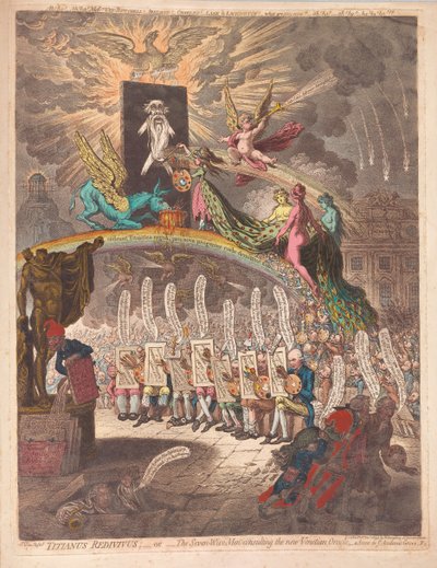 Titianus Redivivus或七位智者咨询新的威尼斯甲骨文，这是在Academic Grove No.1，pub的一个场景。 1797年（手工彩色雕刻） 作者 詹姆斯·吉里