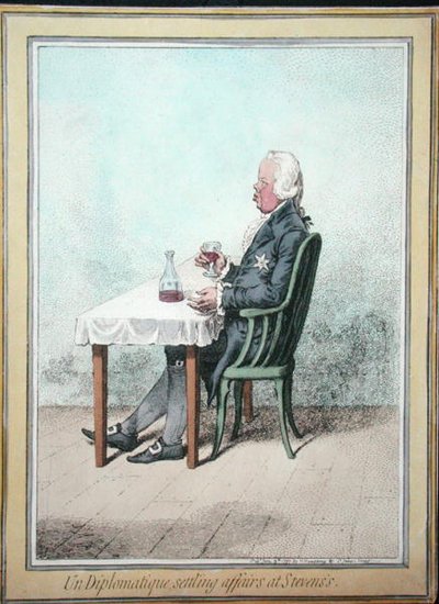 汉娜-汉弗莱于1797年出版的《在史蒂文斯解决事务的外交官》（手绘蚀刻画）。 作者 詹姆斯·吉里