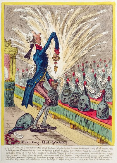 Uncorking Old Sherry，由Hannah Humphrey于1805年出版（手工蚀刻） 作者 James Gillray