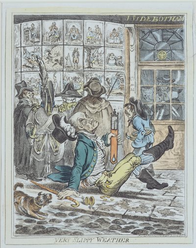 非常滑的天气，由 J. Sidebotham 雕刻（彩色石版画） 作者 詹姆斯·吉里