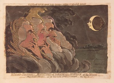 奇怪的姐妹：黑暗的传道人：月亮的仆从，酒吧。 1791年（手工彩色雕刻） 作者 James Gillray