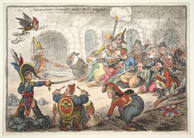 威斯敏斯特 -  1806年训练法下的应征者（手工彩色雕刻） 作者 James Gillray