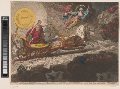 William Pitt verdrijft de duistere krachten, 1795
光明驱逐黑暗--冥气的蒸发--或--宪法的太阳升起，胜过对立的乌云（题目见实物） 作者 汉娜·汉弗莱（Hannah Humphrey）