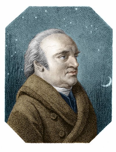 星空背景下威廉·赫歇尔 (William Herschel)（1738 - 1822）的肖像 - 来自詹姆斯·戈德比 (James Godby) 的铜版画 作者 詹姆斯·戈德比