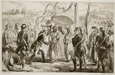 克莱夫勋爵（Lord Clive）与梅尔·贾菲尔（Meer Jaffier）在普拉西战役之后的会面，由托马斯·威廉姆斯（Thomas Williams）刻 作者 詹姆斯·戈德温