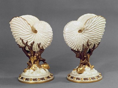 一对伍斯特花瓶形状为鹦鹉螺贝壳，1880年瓷器 作者 James Hadley