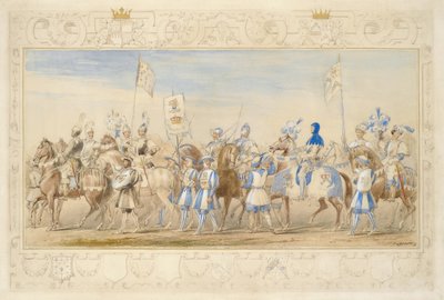 延续了沃特福德侯爵，龙骑士和伯爵奥尔福德，1839年的黑狮骑士（铅笔，wc，水粉和金色油漆）（见366229） 作者 詹姆斯·亨利·尼克松
