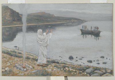 基督出现在太巴列湖的岸边，1886年至1996年我们的主耶稣基督的生活插图（纸上有石墨） 作者 詹姆斯·雅克·约瑟夫·天梭