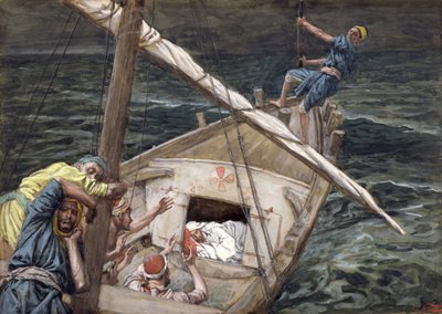 基督在暴风雨中睡着了，为基督的生命画插图，c.1886-94（纸板上的水粉和水粉） 作者 詹姆斯·雅克·约瑟夫·天梭