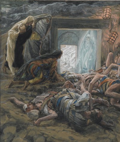 抹大拉的马利亚和坟墓中的圣女，1886  -  94年我们的主耶稣基督的生活插图（纸上有石墨） 作者 詹姆斯·雅克·约瑟夫·天梭