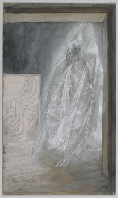 天使坐在坟墓的石头上，插图来自我们的主耶稣基督的生命，1886-94（纸上有石墨） 作者 詹姆斯·雅克·约瑟夫·天梭