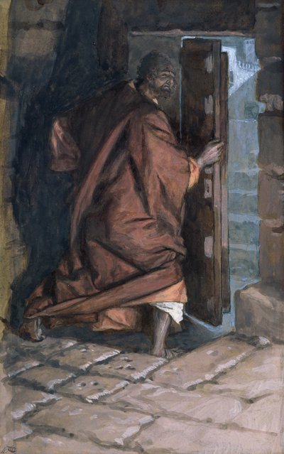 犹大的离开，基督生平的插图，c.1884-96（纸板上的水粉和水粉） 作者 詹姆斯·雅克·约瑟夫·天梭