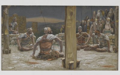 四个卫兵坐下来看着他，1886年至1996年我们的主耶稣基督的生活插图（纸上有石墨） 作者 詹姆斯·雅克·约瑟夫·天梭