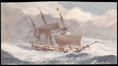 19 世纪中叶，与海军中将 Pulteney Malcolm 爵士一起在撒丁岛南端外海航行的 Barham 号（水彩画） 作者 詹姆斯·肯尼特·威尔森