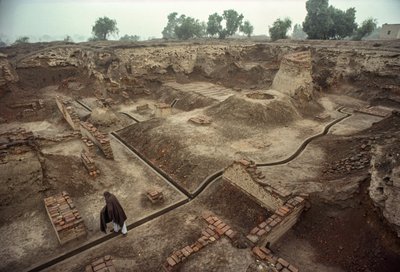 一个坑的全貌，坑内有砖墙遗迹和一口砖井。HARAPPA E... 作者 詹姆斯·L·斯坦菲尔德